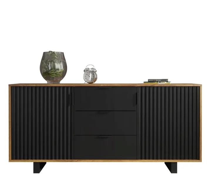 Komoda Do Salonu Pokoju Ryflowane Fronty Loft Retro Dąb/czarny Mat Lft101e