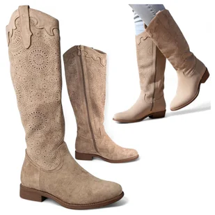Kowbojki Damskie Ażurowe Zamszowe Kozaki Jesienne Eleganckie Beż Potocki 38 - Botki damskie - miniaturka - grafika 1