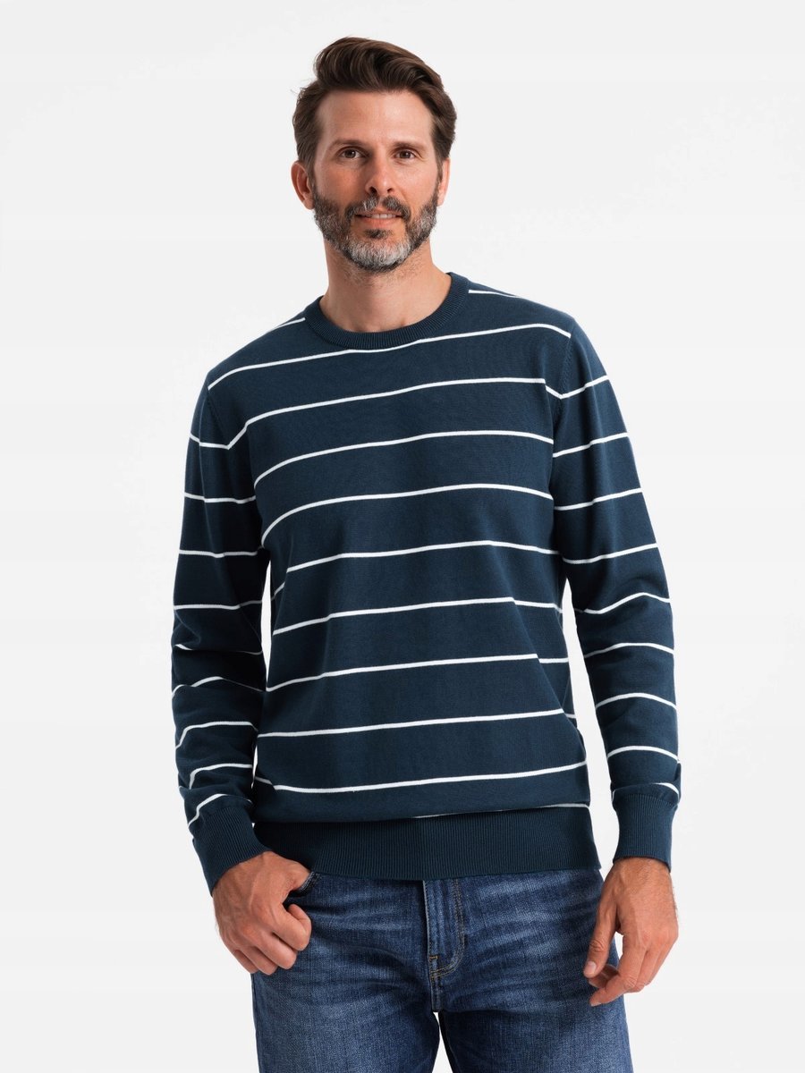 Męski casualowy sweter w poziome paski granatowy V1 OM-SWSW-0143 L