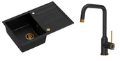 Zlewozmywaki z baterią - Quadron Unique Zlewozmywak granitowy jednokomorowy 78*50*22 cm z ociekaczem MORGAN 111 PURE CARBON z syfonem Push-2-Open w kolorze miedzianym z baterią NATALIE Q LINE PURE CARBON kolor czarny mat/ wykończenie miedź - - miniaturka - grafika 1