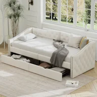 Sofy i kanapy - Łóżko tapicerowane Flieks 90x200cm z 2 szufladami, sofa rozkładana ze stelażem listwowym, łóżko dzienne z podłokietnikami i oparciem, lniane łóżko gościnne, białe - miniaturka - grafika 1