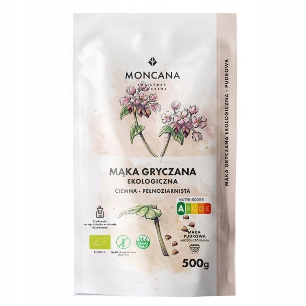 Pudrowa mąka gryczana pełnoziarnista bezglutenowa BIO 500g Moncana