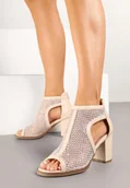 Sandały damskie - Beżowe Sandały Botki na Słupku z Siateczkową Cholewką z Cyroniami Senella - miniaturka - grafika 1