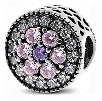 Srebrny Charms Kolorowy Kwiat Bratek Różowe Cyrkonie Fioletowy SREBRO 925