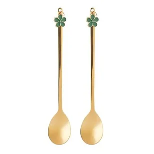 Komplet 2 łyżeczek z ozdobną końcówką zielony kwiatek 13,5 x 2,5 cm złoty - Łyżeczki - miniaturka - grafika 1