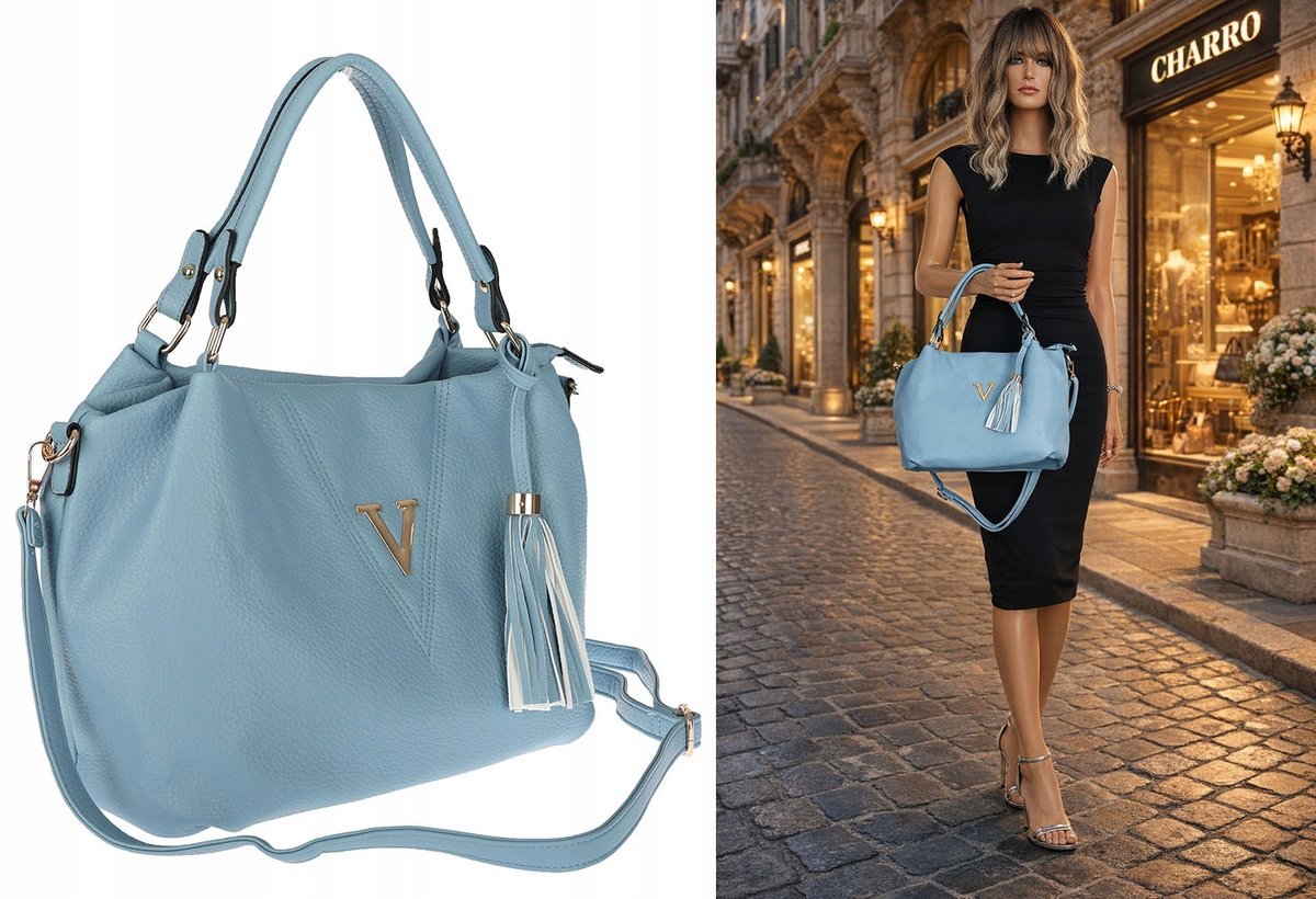 Torebka damska CHARRO z eko skóry shopper z frędzlami CH167 Niebieska