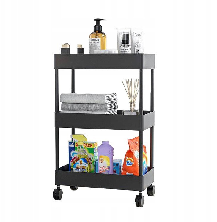 PÓŁKA Łazienkowa KUCHENNA SZAFKA MOBILNA REGAŁ Kółka 3 poziomy CZARNA