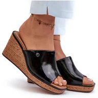 Klapki i japonki damskie - Klapki Damskie Lakierowane Na Koturnie Sergio Leone KL213 Czarne - miniaturka - grafika 1