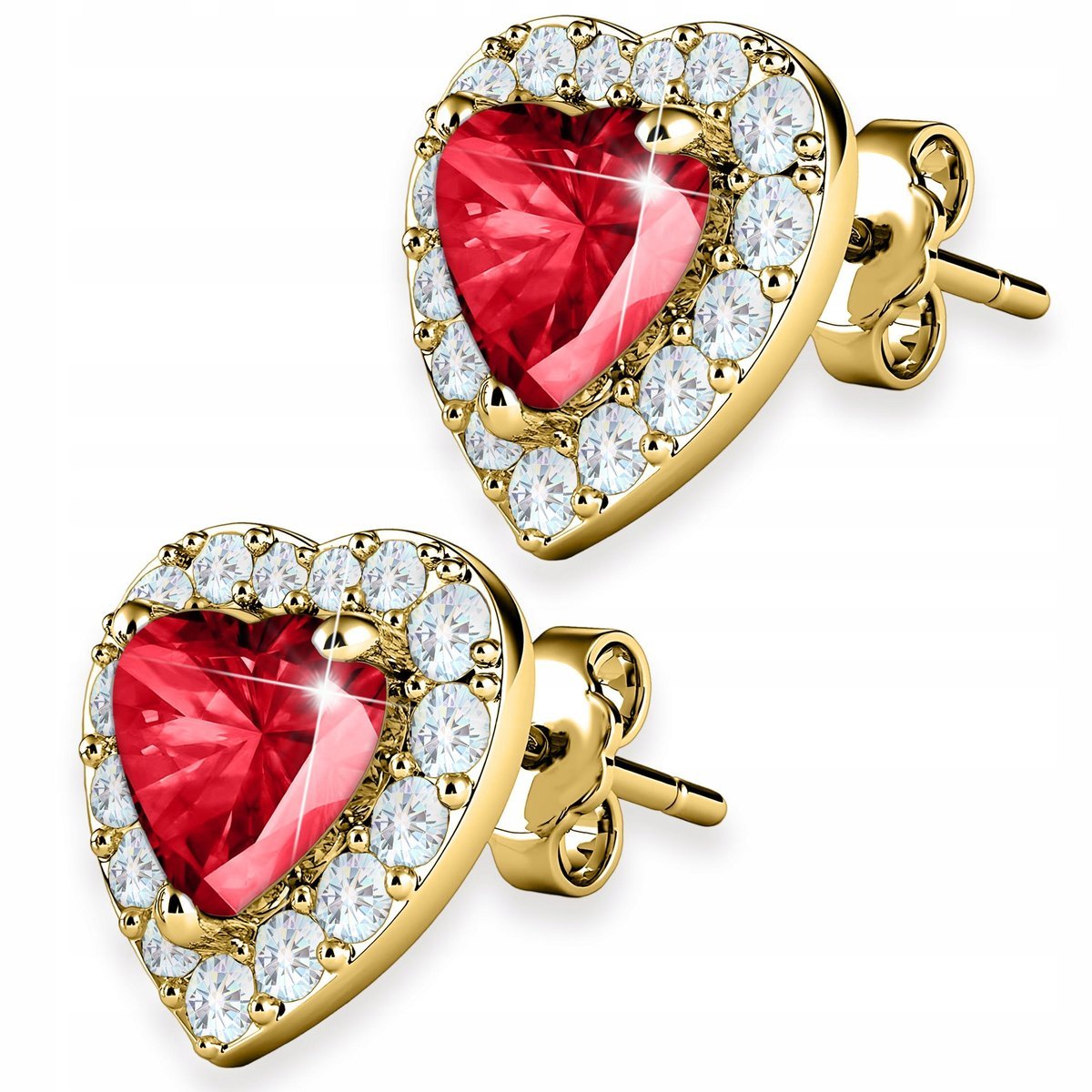 Złote Kolczyki Czerwone Serca Rubinowe Kryształowe Cyrkonie SREBRO 925