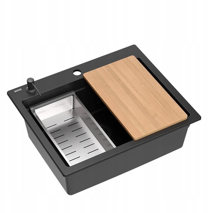 Quadron Zlewozmywak GraniteQ KURT 110 WORKSTATION granitowy pure carbon 1-komorowy z/o 59,5x50x21,5 + Pakiet PURE CARBON syfon pure carbon + dozownik pure carbon + Qmata czarna + deska buk + wkładka ociekowa