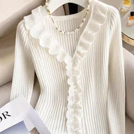 Swetry damskie - TEMU Elegancki sweter damski z dekoltem w serek i falbankami przy rękawach - Miękki top z długim rękawem zapinany na guziki, stylowy strój na biuro i - miniaturka - grafika 1