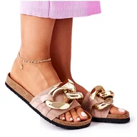 Klapki i japonki damskie - Klapki Na Korku Z Łańcuchem S.Barski SB001 Beżowe beżowy - miniaturka - grafika 1