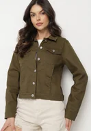 Kurtki damskie - Ciemnozielona Bawełniana Kurtka Jeansowa Zapinana na Metalowe Guziki Auratia - miniaturka - grafika 1