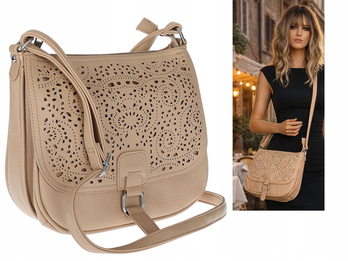 Torebka damska HERISSON pojemna ażurowa Listonoszka 15B322 Beżowa
