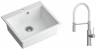 Zlewozmywaki z baterią - Quadron Zlewozmywak granitowy jednokomorowy 57*50*22 cm MORGAN 110 SNOW WHITE ze stalowym odpływem z baterią GEMMA Q LINE SLIM z ruchomą wylewką kolor stal szczotkowana/biały wąż - miniaturka - grafika 1