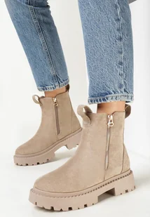Beżowe Botki na Grubej Podeszwie z Ozdobną Tasiemką Cudrey - Botki damskie - miniaturka - grafika 1