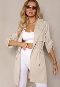 Kurtki damskie - Beżowa Kurtka w Stylu Parki z Troczkiem w Talii i Wywiniętym Kołnierzykiem Vetaipa - miniaturka - grafika 1