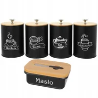 Herbata - Zestaw Pojemników Czarne Pojemniki Kawa Herbata Cukier Sól + Maselniczka - miniaturka - grafika 1