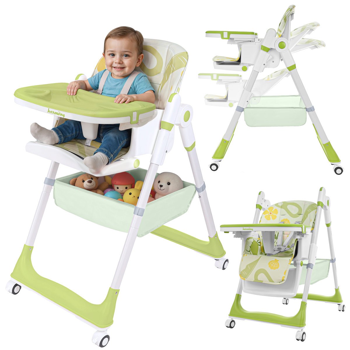 DUŻE SKŁADANE WIELOFUNKCYJNE KRZESEŁKO DO KARMIENIA 5W1 PAPUŚ OLIWKOWE