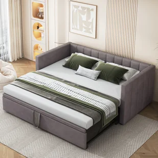 Łóżko rozkładane Merax 90x200cm/180x200cm, rozkładana sofa z listwowym stelażem i podłokietnikami, łóżko tapicerowane aksamitem, sofa dla dzieci, szara - Łóżka dla dzieci i młodzieży - miniaturka - grafika 1