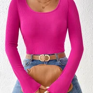 Bluzki damskie - TEMU Prążkowany T-shirt Z Okrągłym Dekoltem, Swobodny Top Z Długim Rękawem Na Wiosnę I Jesień, Odzież Damska - miniaturka - grafika 1