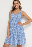 Sukienki - Niebieska Bawełniana Sukienka o Rozkloszowanym Kroju z Geometrycznym Wzorem Natiriana - miniaturka - grafika 1