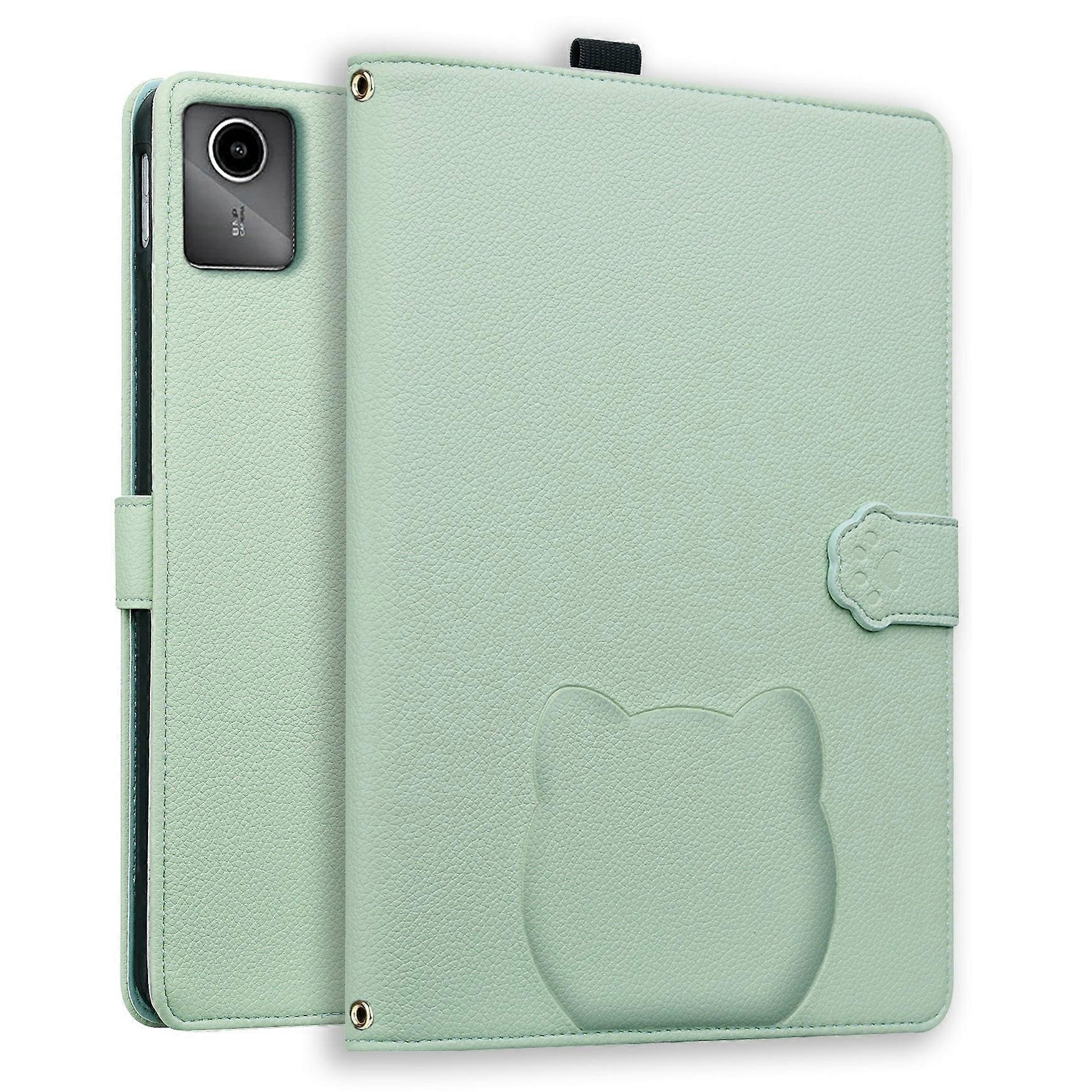 Etui-portfel do Lenovo Xiaoxin Pad 2025 Tab K11 Gen 2 M11 Skórzany pokrowiec na stojak z uchwytem na rysik, efekt 3D Wzór kota Zielony