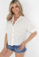 Koszule damskie - Beżowa Koszula z Haftowanej Tkaniny z Podwijanymi Rękawami z Wiskozy Akekashi - miniaturka - grafika 1