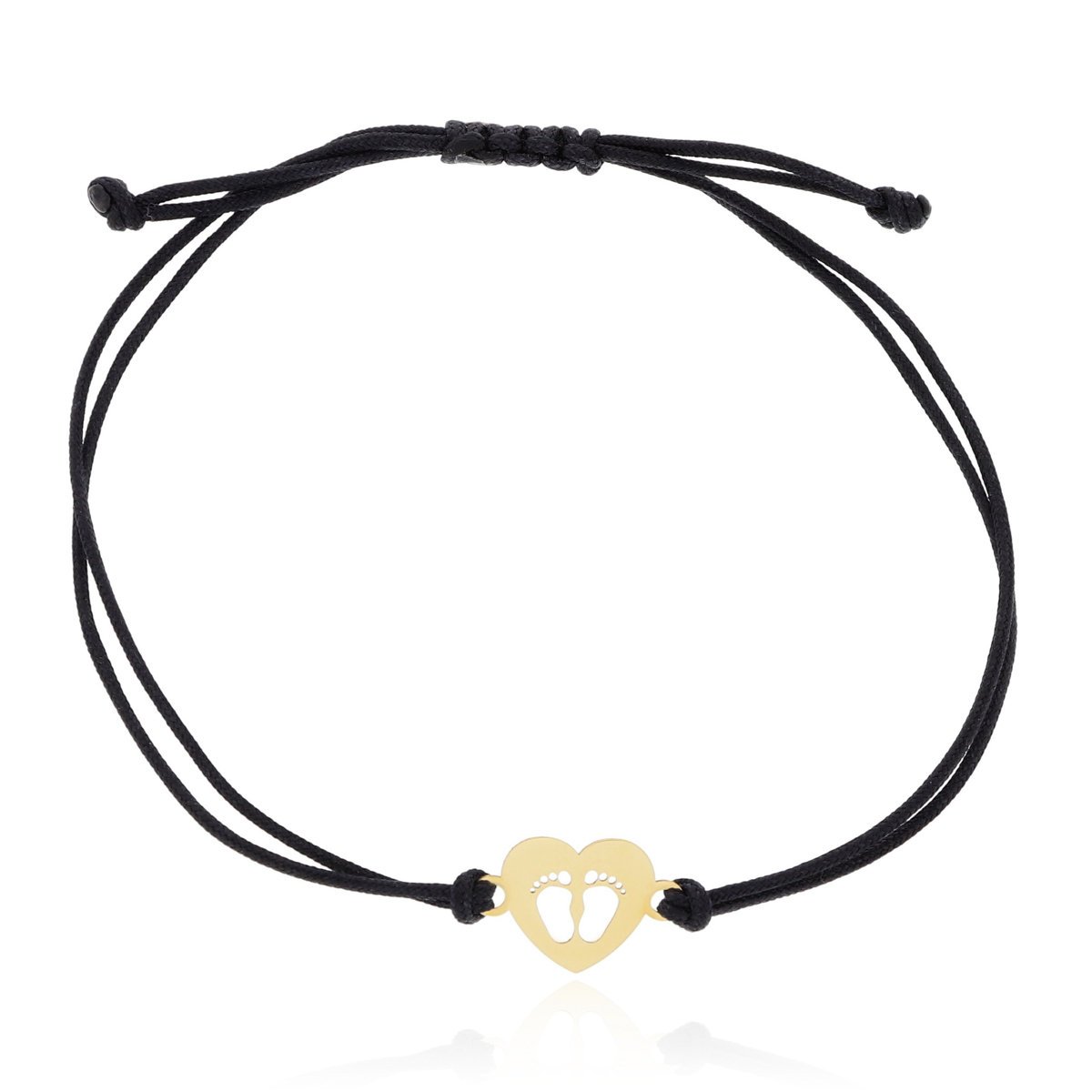 Bransoletka czarny sznurek stópki w sercu złoto pr.585
