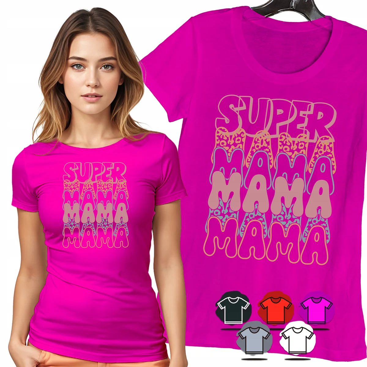 KOSZULKA DAMSKA T-SHIRT - SUPER MAMA PASTELOWY PANTERKOWY WZÓR DAMSKI - XXL