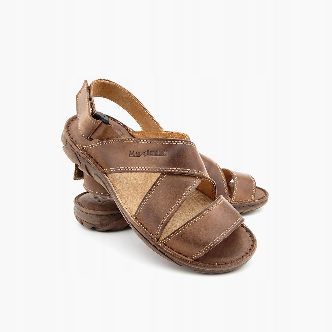 037 Polskie sandały męskie skórzane na rzepy MAXIMUS brązowe 43