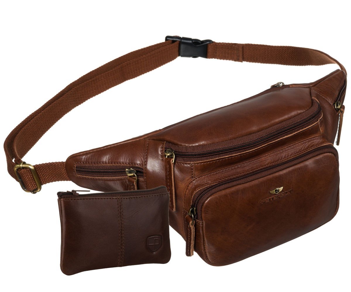 Nerka skórzana męska PETERSON saszetka biodrowa lub na ramię kieszonki na suwak elegancka brązowa + etui na klucze