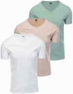 Koszulki męskie - Zestaw bawełnianych koszulek męskich V-neck BASIC szarozielony/biały/beżowy V14 OM-TSBS-0233 L - miniaturka - grafika 1
