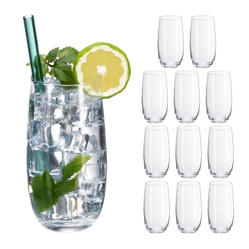 Relaxdays Szklanki do picia, zestaw 12 sztuk, szklanki do wody, szkło kryształowe, nadają się do mycia w zmywarce, sok, lemoniasta, herbata mrożona, 520 ml, przezroczyste