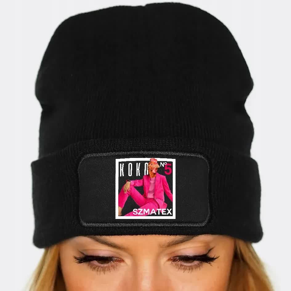 CZAPKA Jesienna BAWEŁNIANA ZIMOWA Nadruk Ciepła CZARNA BEANIE KOKO SZMATEX