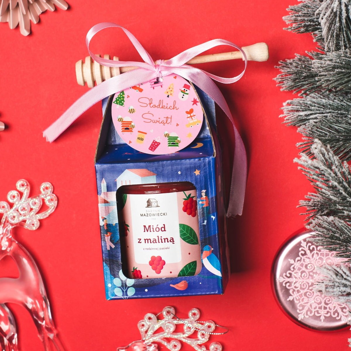 Zestaw świąteczny z miodem z maliną 400g w niebieskim pudełku / Bartnik Mazowiecki
