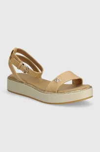 Tommy Hilfiger sandały LINEN WITH GOLD FLATFORM damskie kolor beżowy FW0FW08051 - Sandały damskie - miniaturka - grafika 1