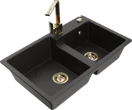 Zlewozmywaki z baterią - Mexen Tomas zlewozmywak granitowy 2-komorowy z baterią kuchenną Rita, czarny/złoty metalik - 6516-75-670300-50 - miniaturka - grafika 1