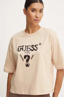 Guess t-shirt bawełniany AURLIE damski kolor beżowy V4YI06 I3Z14 - Koszulki sportowe damskie - miniaturka - grafika 1