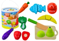 Zabawy w naśladowanie dorosłych - Zestaw Warzyw i Owoców Do Krojenia W Wiaderku Deska Nóż Drewniane - miniaturka - grafika 1