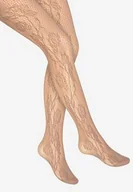 Rajstopy - Rajstopy damskie kabaretki z kwiatowym haftem kawowe Charly E02 Marilyn - miniaturka - grafika 1