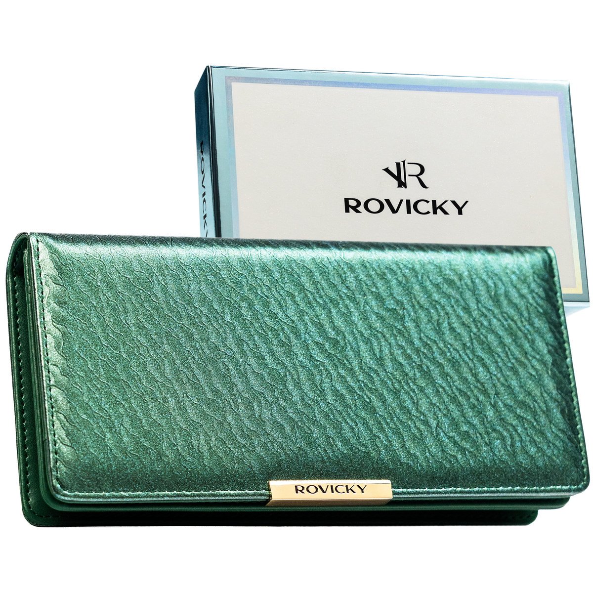 Portfel damski zielony ROVICKY duży rozbudowany zatrzask i suwak elegancki modny ochrona kart RFID