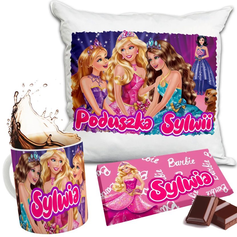 Zestaw BARBIE LALKA Kubek + Poduszka + Czekolada + Imię Prezent Nadruk