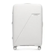 Walizki - Duża walizka z polipropylenu w ukośne pasy biało - srebrna - miniaturka - grafika 1