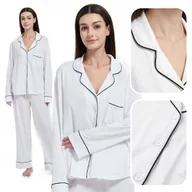 Piżamy damskie - ELEGANCKA PIŻAMA DAMSKA DWUCZĘŚCIOWA PRZEBRANIE STRÓJ BIAŁA Z CZARNĄ BIZĄ M - miniaturka - grafika 1