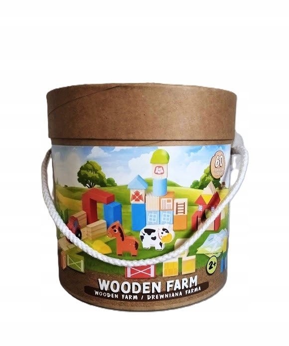 Elefun Drewniane klocki w wiaderku FARMA 60 elementów