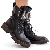 Botki damskie - S.Barski Eko Skórzane Botki Workery Ze Zdobieniem Ocieplane D&A MR880-080 Czarne - miniaturka - grafika 1