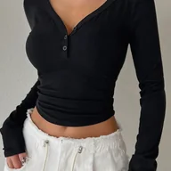 Bluzki damskie - TEMU Damska dopasowana koszulka w jednolitym kolorze z zapinanym szyją na guziki w stylu Y2K - miniaturka - grafika 1