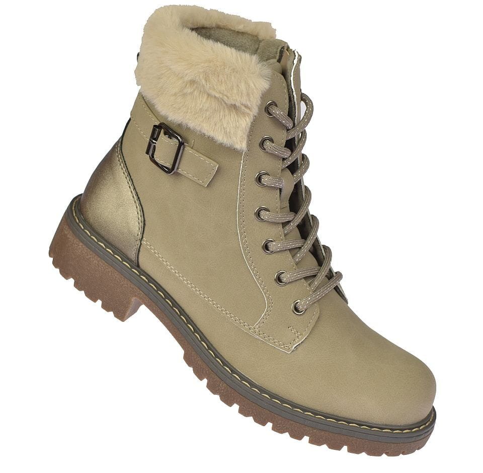 Trapery damskie botki B-3-1344 beżowe ocieplane glany z futerkiem i paskiem rozmiar: 39