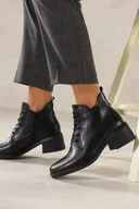 Botki damskie - Czarne botki skórzane damskie Sergio Leone na szerokim klocku wycięta cholewka sznurowane YG74560-H - miniaturka - grafika 1